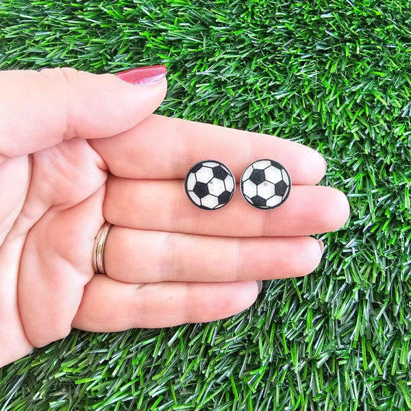 Shop Glitter Soccer Stud Earrings-Sparkly soccer ball stud earrings with glitter acrylic and hypoallergenic posts. Lightweight, fun, and perfect for game day or everyday sporty style.-available at Reef Love online boho-chic boutique