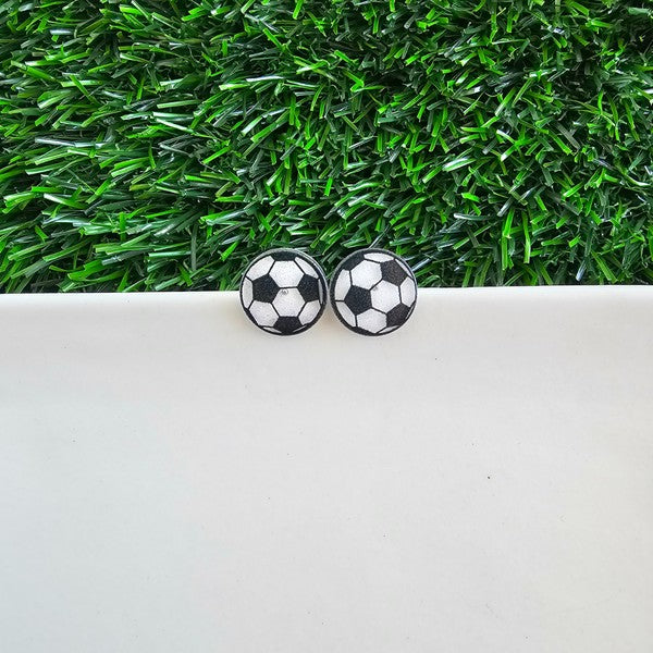 Shop Glitter Soccer Stud Earrings-Sparkly soccer ball stud earrings with glitter acrylic and hypoallergenic posts. Lightweight, fun, and perfect for game day or everyday sporty style.-available at Reef Love online boho-chic boutique