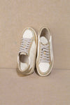 Gold Star Low Top Sneakers-Women’s star low top sneakers with round toe, lace-up closure, and synthetic leather upper.