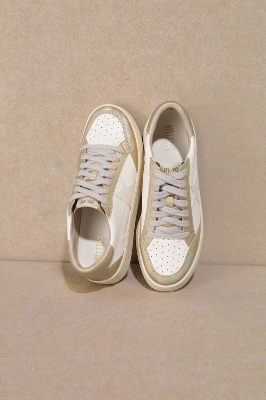 Gold Star Low Top Sneakers-Women’s star low top sneakers with round toe, lace-up closure, and synthetic leather upper.