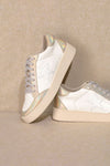 Gold Star Low Top Sneakers-Women’s star low top sneakers with round toe, lace-up closure, and synthetic leather upper.