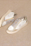 Gold Star Low Top Sneakers-Women’s star low top sneakers with round toe, lace-up closure, and synthetic leather upper.
