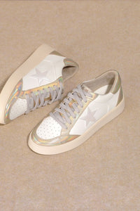 Gold Star Low Top Sneakers-Women’s star low top sneakers with round toe, lace-up closure, and synthetic leather upper.
