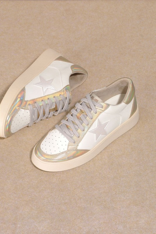 Gold Star Low Top Sneakers-Women’s star low top sneakers with round toe, lace-up closure, and synthetic leather upper.