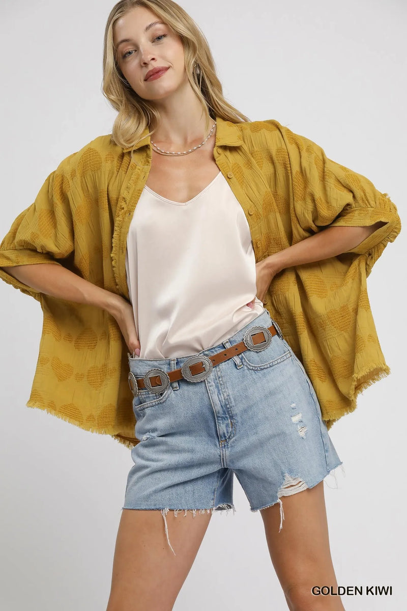 Golden Kiwi Oversized Jacquard Heart Collared Shirt