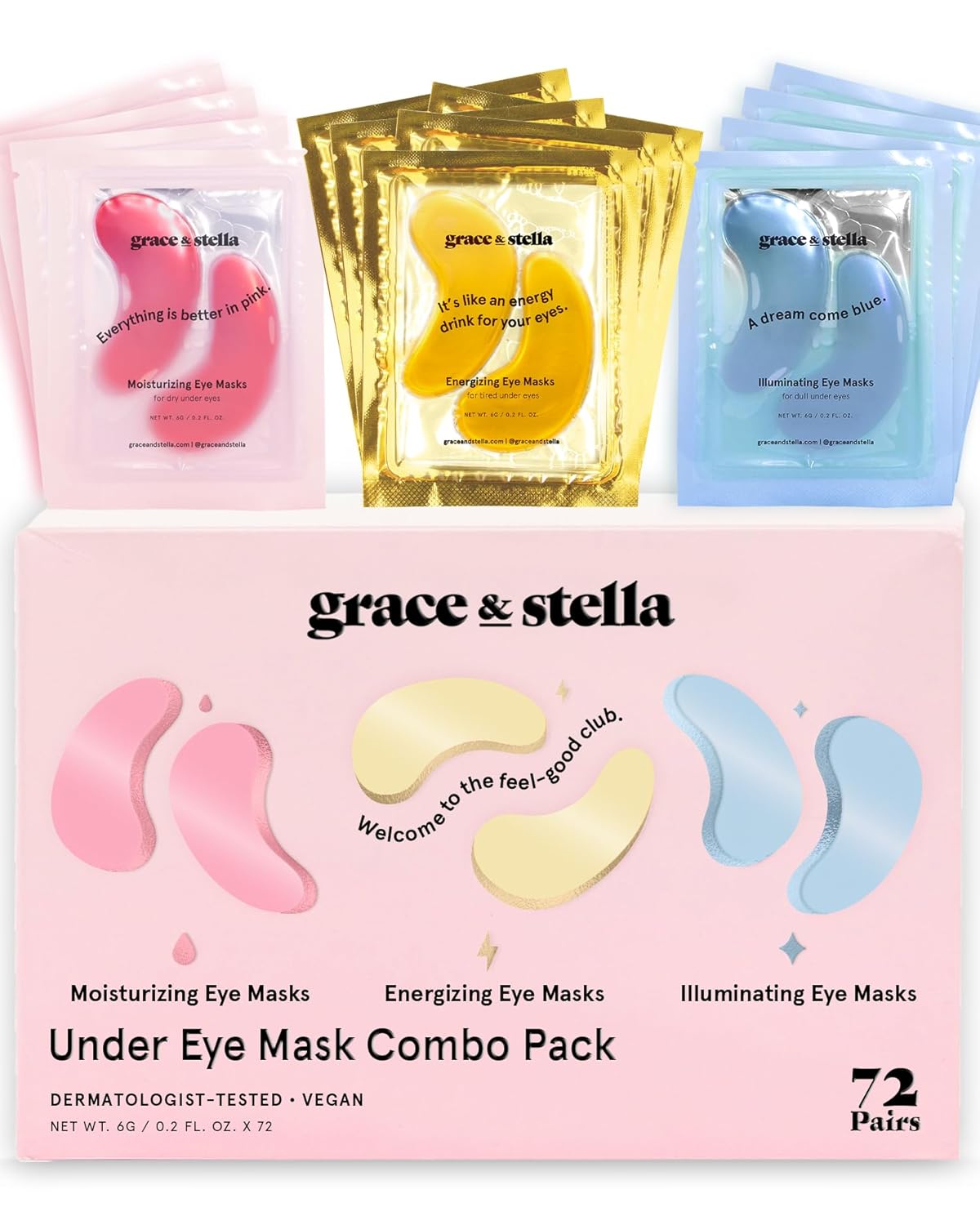 Grace & Stella Award Winning under Eye Mask - Travel Size Toiletries - Bridal Shower Gifts - Gel Eye Patches for Dark Circles, Puffy Eyes, Wrinkles, Undereye Bags - Vegan - Self Care (6 Pairs, Gold)