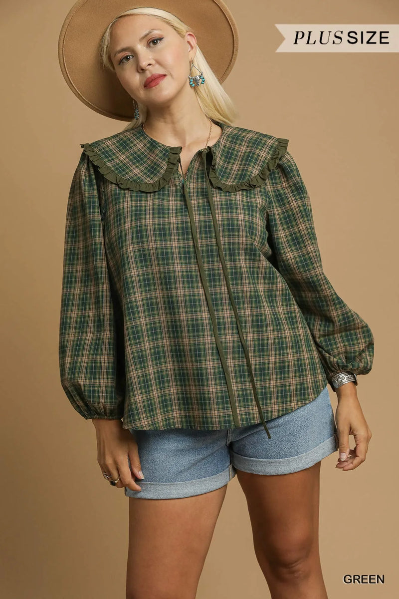 Green Plaid Ruffle Collar Blouse-Green plaid ruffle collar blouse with puff sleeves and button front. Vintage-inspired feminine top available in standard and plus sizes.-Reef Love