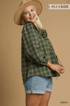 Green Plaid Ruffle Collar Blouse-Green plaid ruffle collar blouse with puff sleeves and button front. Vintage-inspired feminine top available in standard and plus sizes.-Reef Love