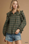 Green Plaid Ruffle Collar Blouse-Green plaid ruffle collar blouse with puff sleeves and button front. Vintage-inspired feminine top available in standard and plus sizes.-Reef Love