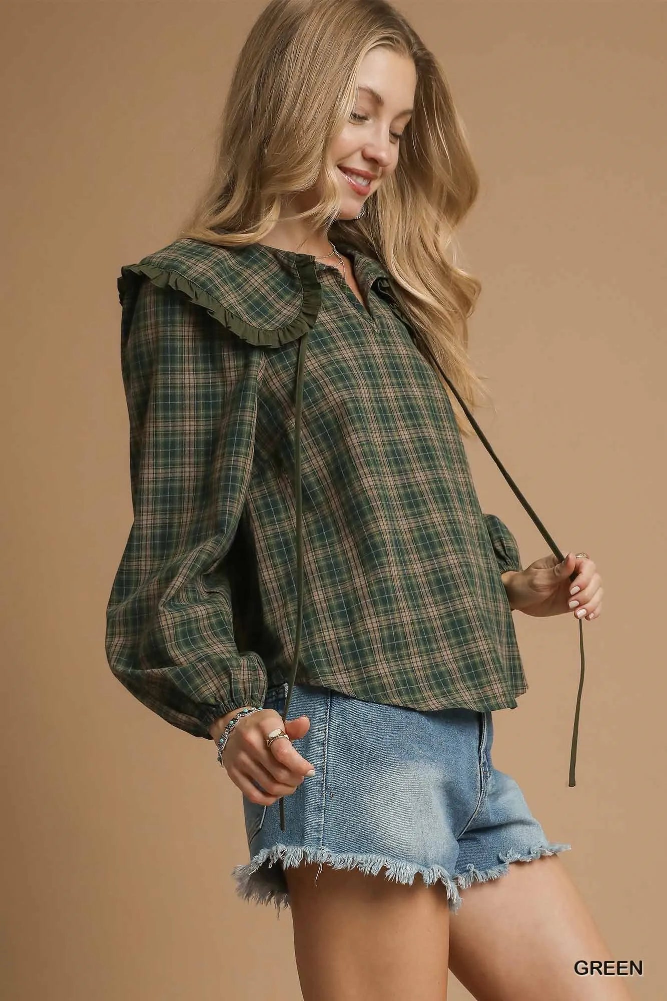 Green Plaid Ruffle Collar Blouse-Green plaid ruffle collar blouse with puff sleeves and button front. Vintage-inspired feminine top available in standard and plus sizes.-Reef Love