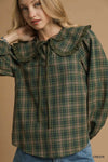 Green Plaid Ruffle Collar Blouse-Green plaid ruffle collar blouse with puff sleeves and button front. Vintage-inspired feminine top available in standard and plus sizes.-Reef Love