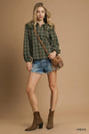 Green Plaid Ruffle Collar Blouse-Green plaid ruffle collar blouse with puff sleeves and button front. Vintage-inspired feminine top available in standard and plus sizes.-Reef Love