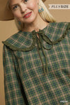 Green Plaid Ruffle Collar Blouse-Green plaid ruffle collar blouse with puff sleeves and button front. Vintage-inspired feminine top available in standard and plus sizes.-Reef Love