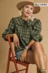 Green Plaid Ruffle Collar Blouse-Green plaid ruffle collar blouse with puff sleeves and button front. Vintage-inspired feminine top available in standard and plus sizes.-Reef Love