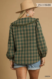 Green Plaid Ruffle Collar Blouse-Green plaid ruffle collar blouse with puff sleeves and button front. Vintage-inspired feminine top available in standard and plus sizes.-Reef Love