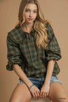 Green Plaid Ruffle Collar Blouse-Green plaid ruffle collar blouse with puff sleeves and button front. Vintage-inspired feminine top available in standard and plus sizes.-Reef Love