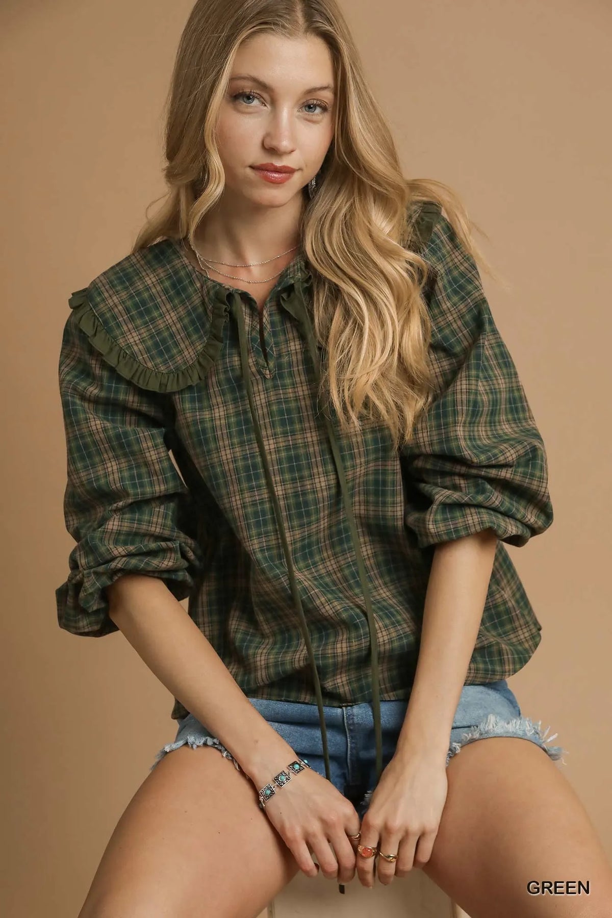 Green Plaid Ruffle Collar Blouse-Green plaid ruffle collar blouse with puff sleeves and button front. Vintage-inspired feminine top available in standard and plus sizes.-Reef Love