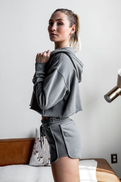 Grey Raw Edges Cropped Hoodie and Bottom Set