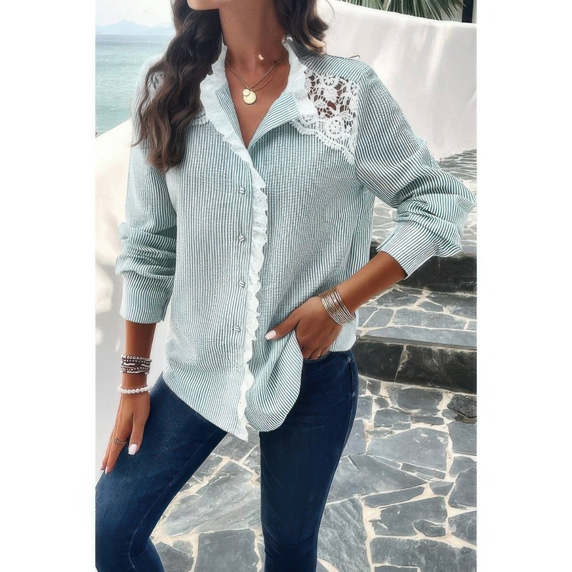Guipure Lace Insert Button Down Shirt-Button Down Shirt-Reef Love-Reef Love