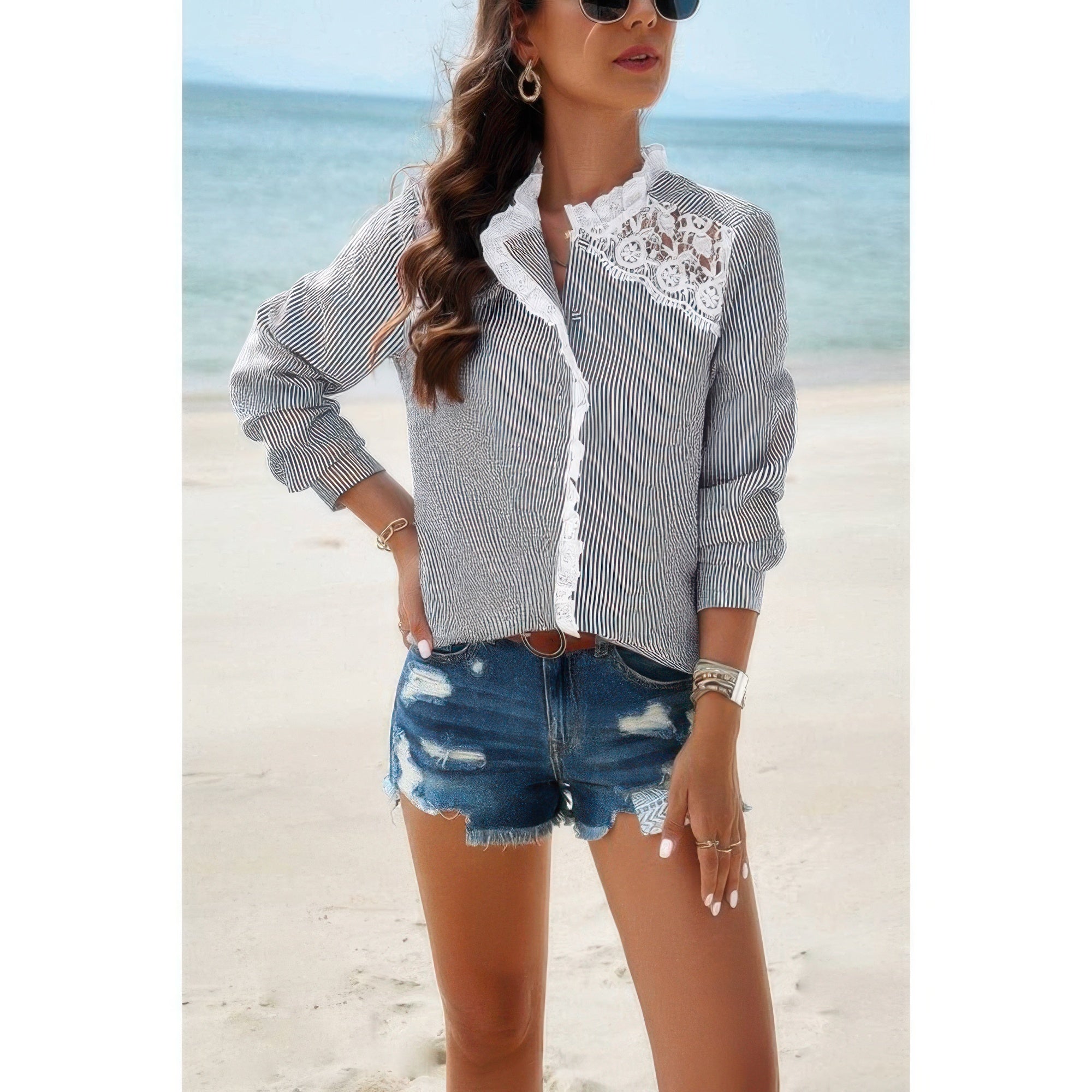 Guipure Lace Insert Button Down Shirt-Button Down Shirt-Reef Love-Black-S-Reef Love