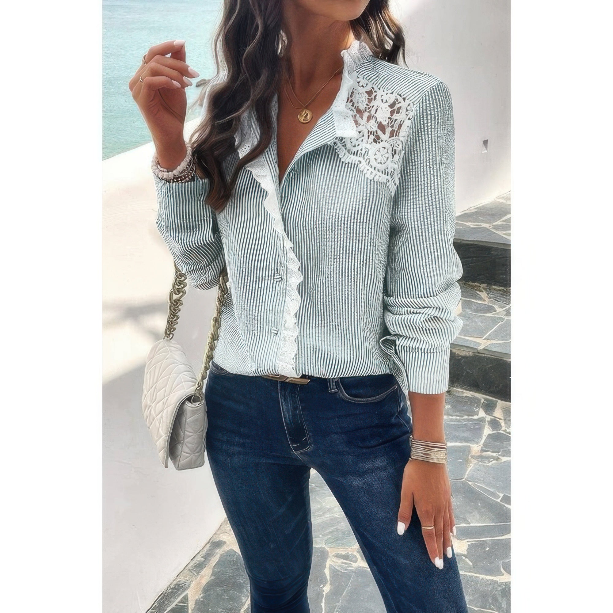 Guipure Lace Insert Button Down Shirt-Button Down Shirt-Reef Love-Green-S-Reef Love