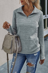 Half Zip Textured Solid Long Sleeve Pullover-pullover sweater-Reef Love-Reef Love