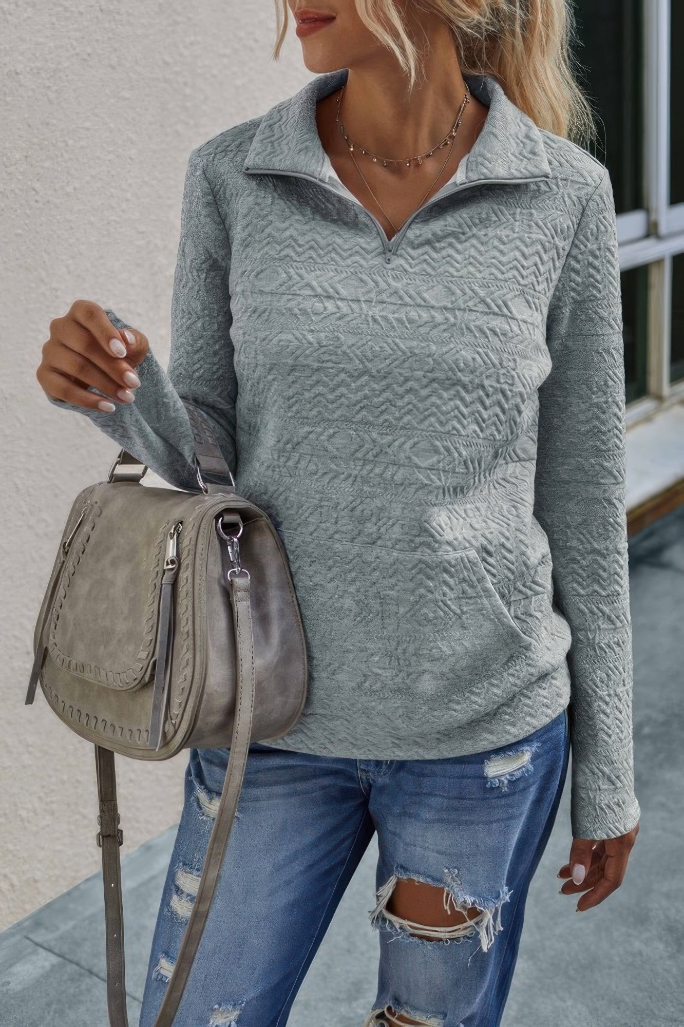 Half Zip Textured Solid Long Sleeve Pullover-pullover sweater-Reef Love-Reef Love