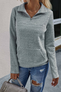 Half Zip Textured Solid Long Sleeve Pullover-pullover sweater-Reef Love-Reef Love
