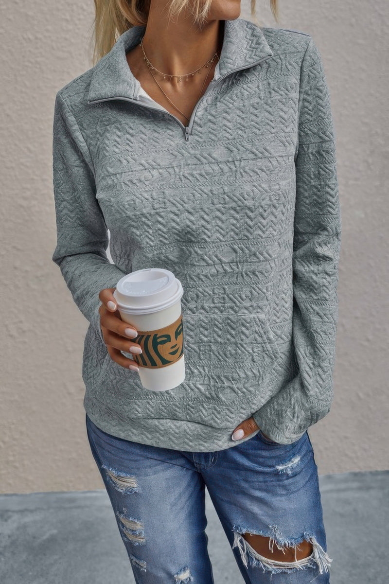 Half Zip Textured Solid Long Sleeve Pullover-pullover sweater-Reef Love-Grey-S-Reef Love