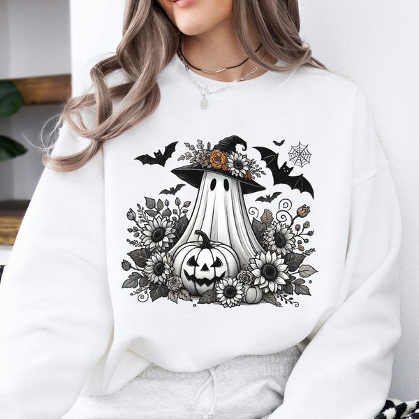 Halloween Flower Patch Ghost Graphic Sweatshirt