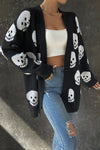 Shop Halloween Skull Print Knit Cardigan-Cozy, Bold & Spooky-Chic Add a bold, seasonal twist to your layers with the Halloween Skull Print Knit Cardigan — a must-have for spooky season lovers. -available at Reef Love online boho-chic boutique
