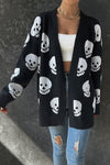 Shop Halloween Skull Print Knit Cardigan-Cozy, Bold & Spooky-Chic Add a bold, seasonal twist to your layers with the Halloween Skull Print Knit Cardigan — a must-have for spooky season lovers. -available at Reef Love online boho-chic boutique