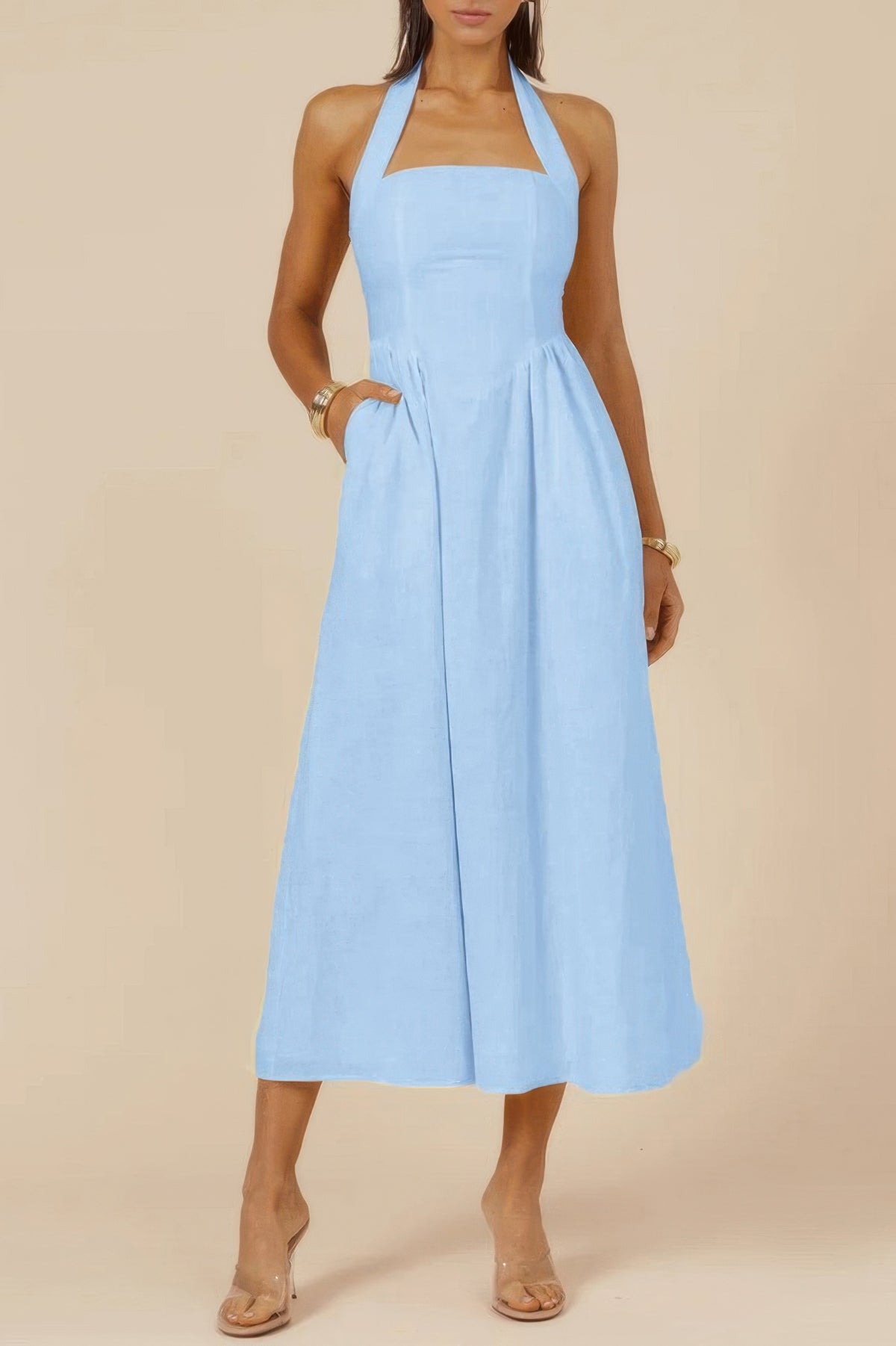 Halter Solid Maxi Dress with Pockets-The Halter A Line Maxi Dress combines chic styling for effortless wear. Designed with functional pockets Perfect for casual, vacations, going out.-Reef Love Boho-Chic Boutique