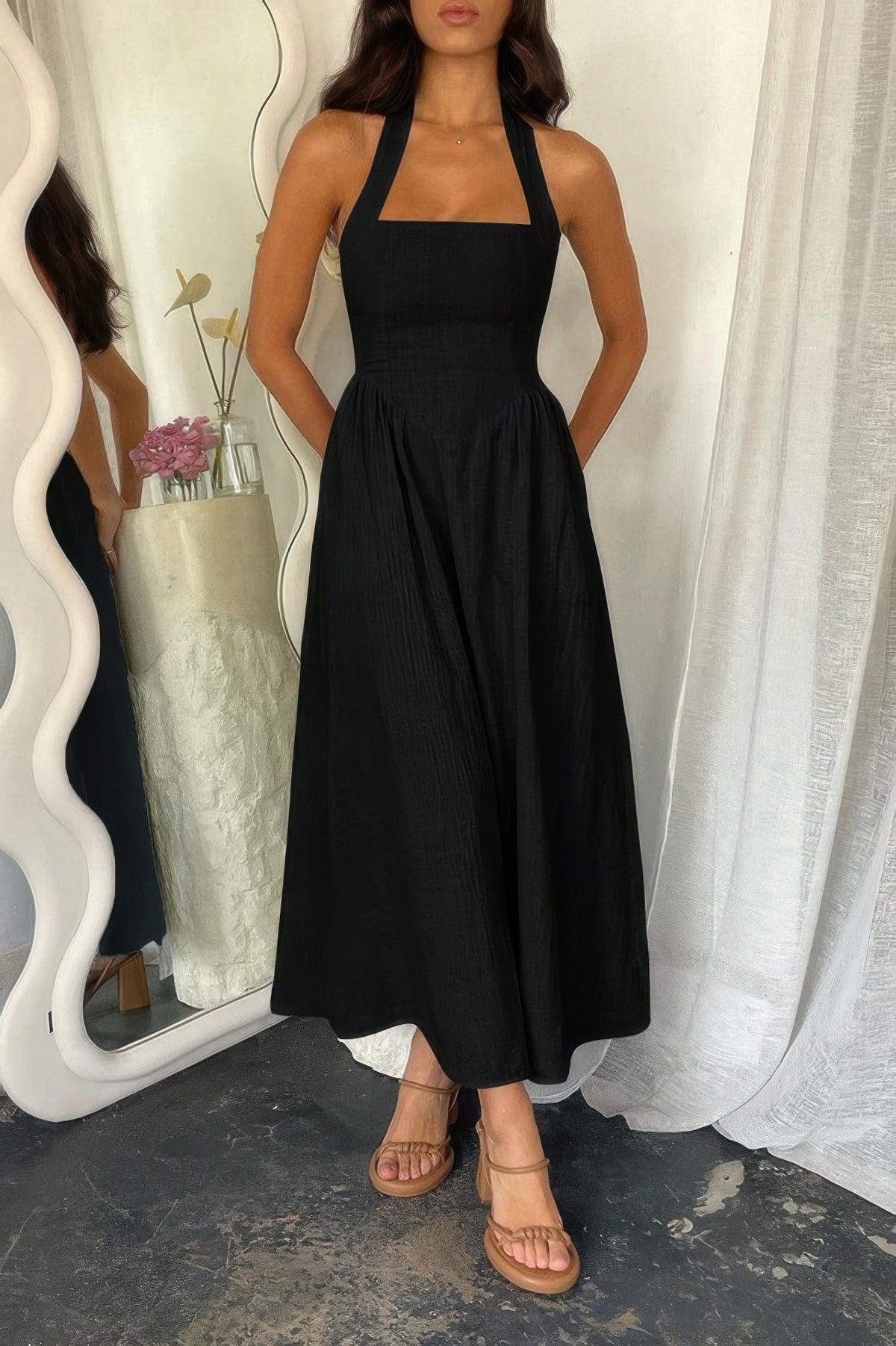 Halter Solid Maxi Dress with Pockets-The Halter A Line Maxi Dress combines chic styling for effortless wear. Designed with functional pockets Perfect for casual, vacations, going out.-Reef Love Boho-Chic Boutique