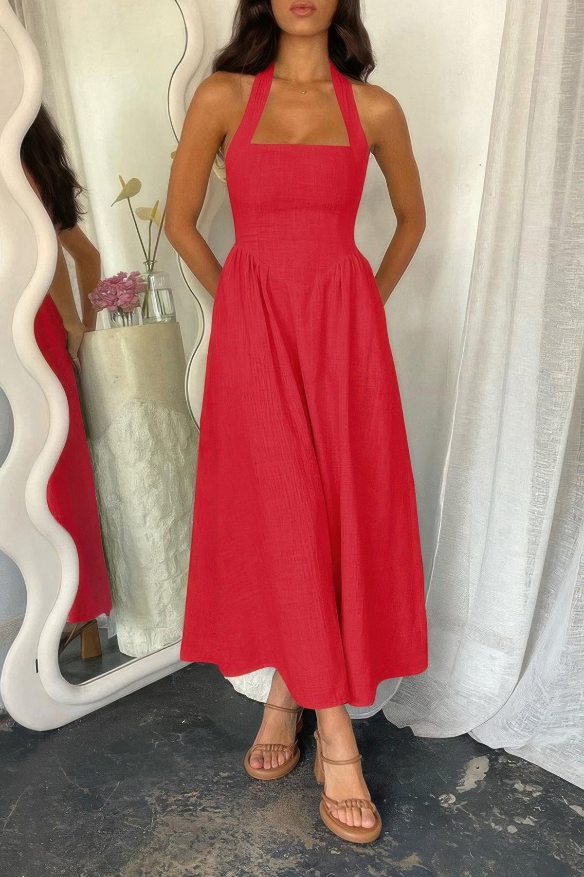 Halter Solid Maxi Dress with Pockets-The Halter A Line Maxi Dress combines chic styling for effortless wear. Designed with functional pockets Perfect for casual, vacations, going out.-Reef Love Boho-Chic Boutique