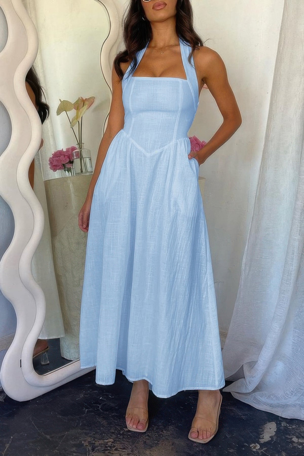 Halter Solid Maxi Dress with Pockets-The Halter A Line Maxi Dress combines chic styling for effortless wear. Designed with functional pockets Perfect for casual, vacations, going out.-Reef Love Boho-Chic Boutique