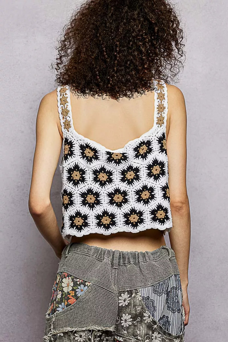 Handmade Crochet Floral Square Neck Cropped Cami- Boho Chic Styles by Reef Love