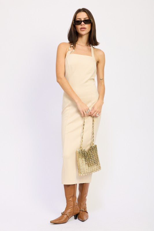 Hardwood Halter Midi Dress-Hardwood Halter Midi Dress – chic, figure-hugging halter dress in a neutral tone. Perfect for vacation outfits, boho-chic style, or elegant evenings.