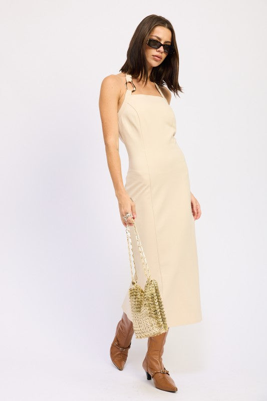 Hardwood Halter Midi Dress-Hardwood Halter Midi Dress – chic, figure-hugging halter dress in a neutral tone. Perfect for vacation outfits, boho-chic style, or elegant evenings.