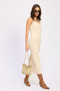 Hardwood Halter Midi Dress-Hardwood Halter Midi Dress – chic, figure-hugging halter dress in a neutral tone. Perfect for vacation outfits, boho-chic style, or elegant evenings.