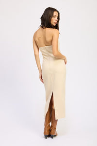 Hardwood Halter Midi Dress-Hardwood Halter Midi Dress – chic, figure-hugging halter dress in a neutral tone. Perfect for vacation outfits, boho-chic style, or elegant evenings.