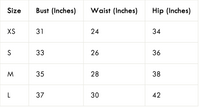 Size chart for clothing with bust, waist, and hip measurements in inches.
