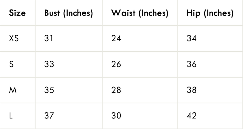 Size chart for clothing with bust, waist, and hip measurements in inches.