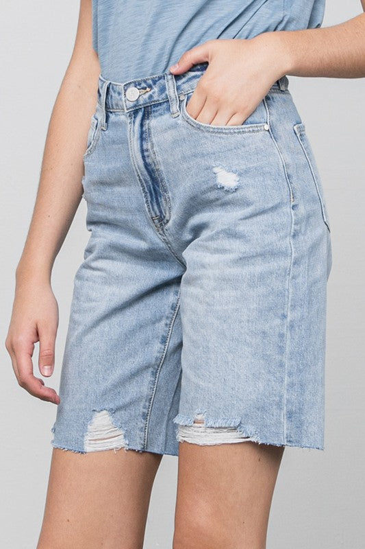 High Rise Bottom Hem Distressed Bermuda Shorts-Bermuda Jean Shorts-Denim Lab USA-Reef Love