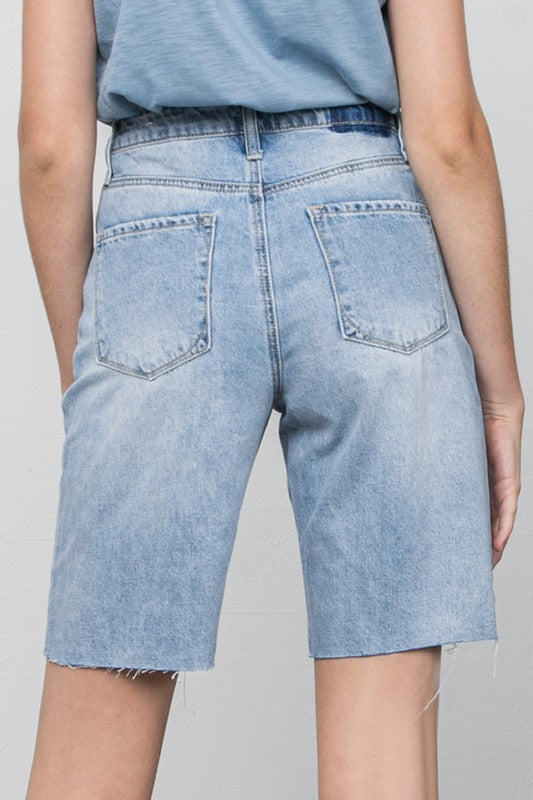 High Rise Bottom Hem Distressed Bermuda Shorts-Bermuda Jean Shorts-Denim Lab USA-Reef Love