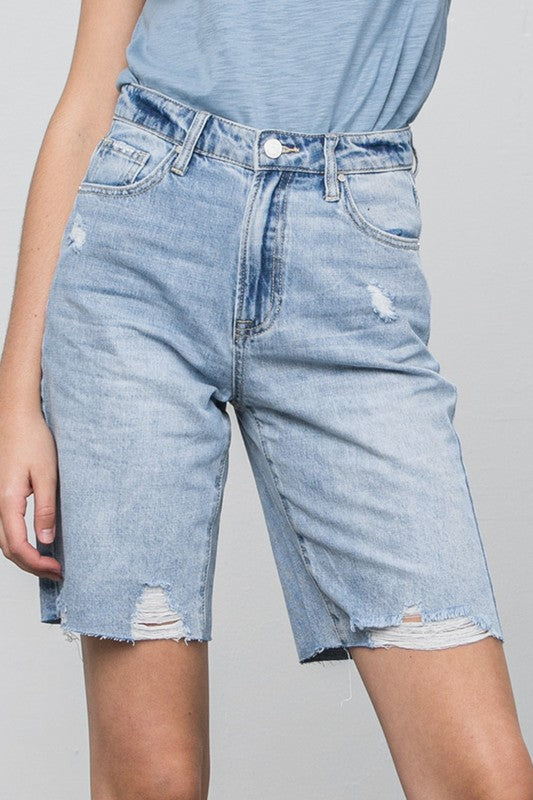 High Rise Bottom Hem Distressed Bermuda Shorts-Bermuda Jean Shorts-Denim Lab USA-MEDIUM-S-Reef Love