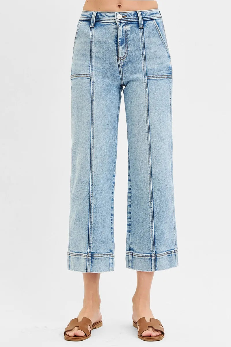 High Rise Crop Wide Front Seam Jeans-Cropped Jeans-RISEN-LIGHT-0-Reef Love