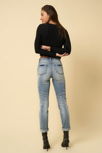 High Rise Cropped Distressed Girlfriend Jeans-High Rise Cropped Distressed Girlfriend Jeans - Light Washed Denim, Soft, Stretchy, and comfortable. Perfect casual and comfy jeans for everyday wear. 