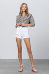 High Rise Distressed Fray Hem White Denim Shorts