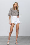 High Rise Distressed Fray Hem White Denim Shorts